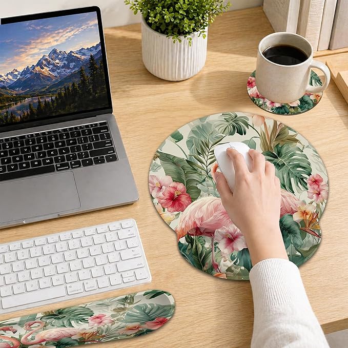 Flamingos Ergonomic Memory Foam Wrist Rest Set for Keyboard and Mouse,Palm Leaves Hibiscus Flowers Supportive Mouse Pad with Non Slip Base for Office Work and Gaming