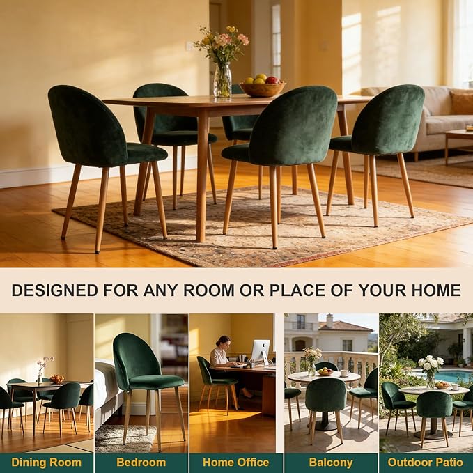 Lightdot Dining Chairs Set of 2, Velvet Comfortable Seats, Mid-Century Modern Living Room Chairs, Upholstered Kitchen Chairs with Wooden Legs and Padded Seat for Bedroom Office - Dark Green