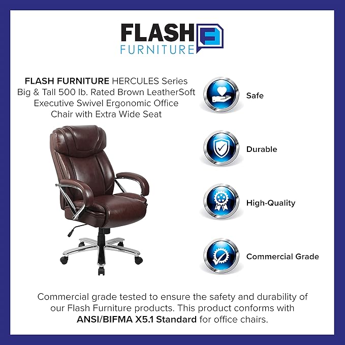 Flash Furniture Hercules Series High-Back Swivel LeatherSoft Office Chair, Ergonomic Executive Chair with Headrest and Adjustable Height, Brown