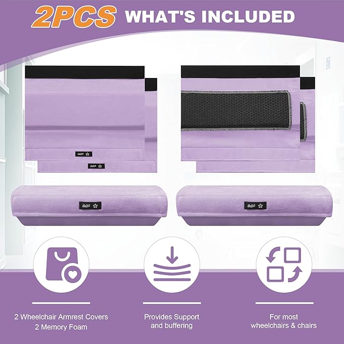 SPRING SEAON Wheelchair Accessories Armrest Covers (Pair), Short Plush Memory Foam Pads, Non-Slip Bottom, Wide Hook-and-Loop Straps, Washable, for Wheelchair/Transport/Office/Gaming Chairs, Purple