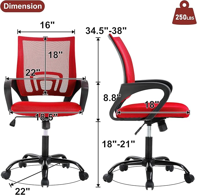 Computer Desk Chair,Work Chairs for Home Office,Ergonomic Office Chair with Lumbar Support,Mesh Office Chair with Arm and Wide Comfortable Seat,Adjustable Rolling Office Chair,Red