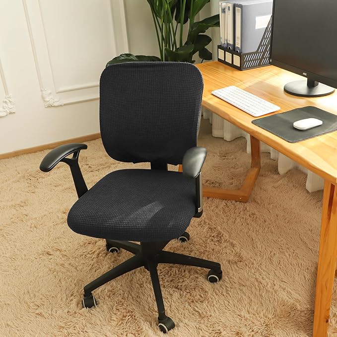 FORCHEER Desk Chair Cover Black Jacquard Stretch Office Chair Covers Two Piece for Split Office Chairs Water Resistant Washable