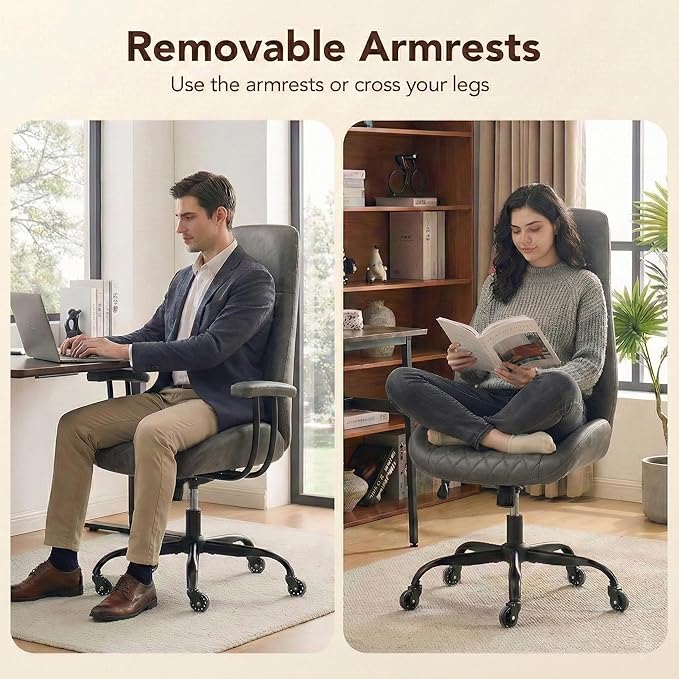 E-Motie Office Chair with Rubber Wheels, Ergonomic Computer Chair 500 lbs, Leather Desk Chair with Lumbar Support, Executive Chair Adjustable Height & Recline, Dark Grey