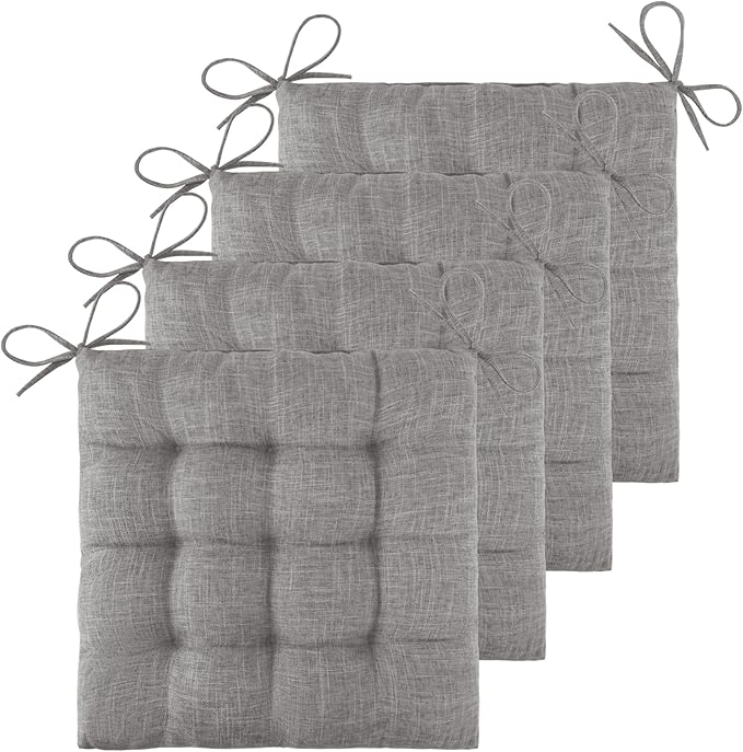 ELFJOY 4 Pack Chair Cushions for Dining Chairs Chair Pads Cushion for Kitchen Office Tufted Textured Square Seat Cushion with Ties (16" Light Grey)