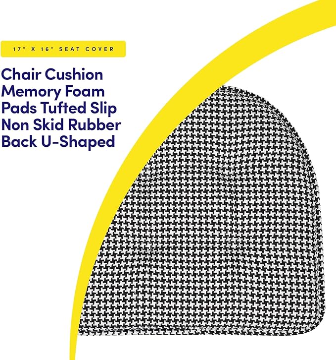 Sweet Home Collection Chair Cushion Memory Foam Pads Tufted Slip Non Skid Rubber Back U-Shaped 17" x 16" Seat Cover, 4 Count (Pack of 1), Houndsooth Black