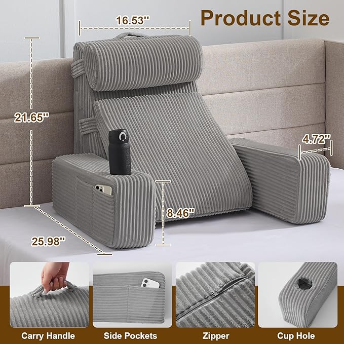 Reading Pillow for Sitting in Bed Adult, Back Pillow for Bed Sitting up with Arms, Pockets and Cup Holder, Sit Up Backrest Pillows for Beds Chair Support, Rest Pillow for Gaming