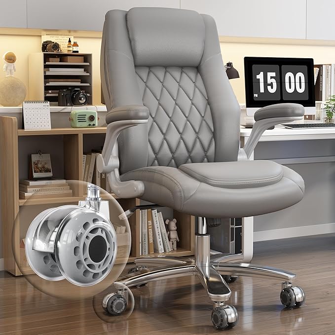GYI Office Chair, Ergonomic Computer Desk Chair, Leather Executive Office Chair with High Back, Lumbar Support, Flip-up Arms, Wide and Thick Padded Seat, Heavy Duty Base, Rubber Wheels, Grey