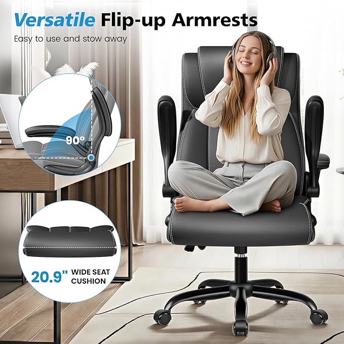 Ergonomic Office Chair – High Back Executive Leather Desk Chair with Inflatable Lumbar Support for Back Pain, Heavy-Duty Computer Desk Chair for Long Workdays, Black