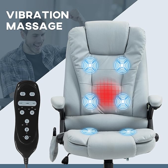 Vinsetto 6 Point Vibrating Massage Office Chair with Heat, Microfiber High Back Executive Office Chair with Reclining Backrest, Padded Armrests and Remote, Light Gray