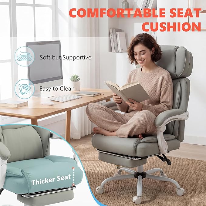HOMCOM Massage Office Chair with Lumbar Heat, Ergonomic Executive Desk Chair with Adjustable Headrest, 6 Points Vibration, High Back, Reclining, Padded Armrests, Footrest, PU Leather, Light Gray