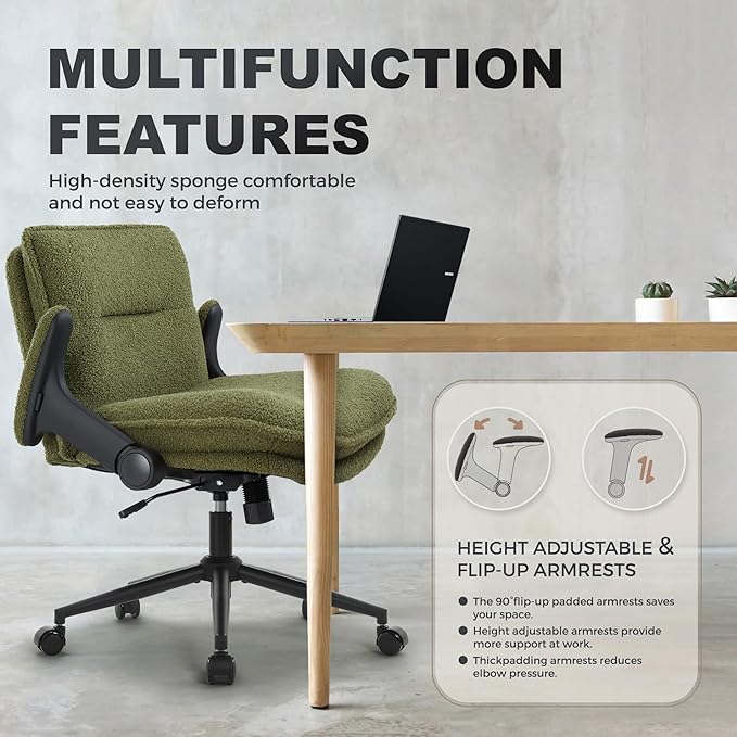 Criss Cross Legged Office Chair with Wheels and Flip-Up Arms, Ergonomic Wide Seat Desk Chair with Thick Padded, Height Adjustable Criss Cross Chairs for Home Office, Bedroom,Vanity,Green