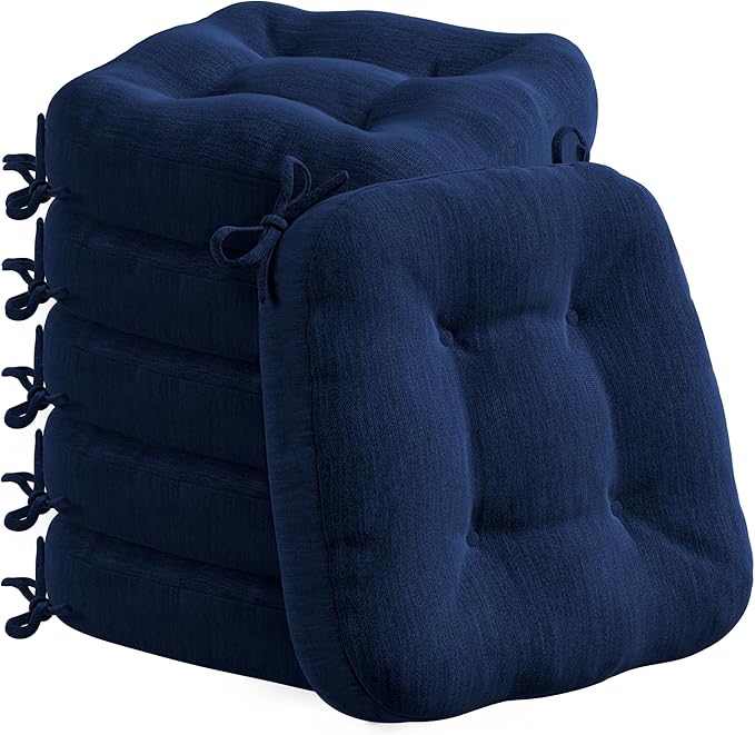 Codi 6 Pack Dining Chair Cushions, Thick Chairs Pads for Indoor Kitchen Room - Washable, Non-Slip Memory Foam Seat Cushion with Ties, 16.5"x16.5"x 3.5", Set of 6, Navy New