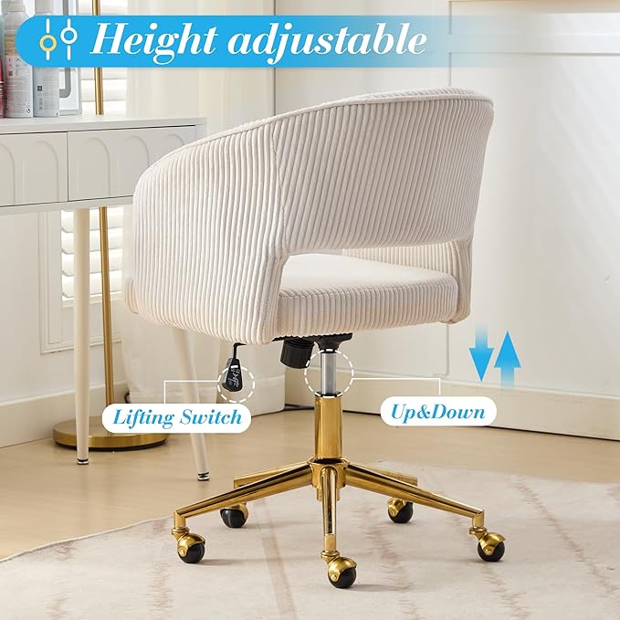 KCC Home Office Chair Swivel Desk Chair Accent Armchair Upholstered Modern Tufted Chairs with Gold Base for Girls Women Ergonomic Study Seat Computer Task Stools, with Wheels, Corduroy,Beige