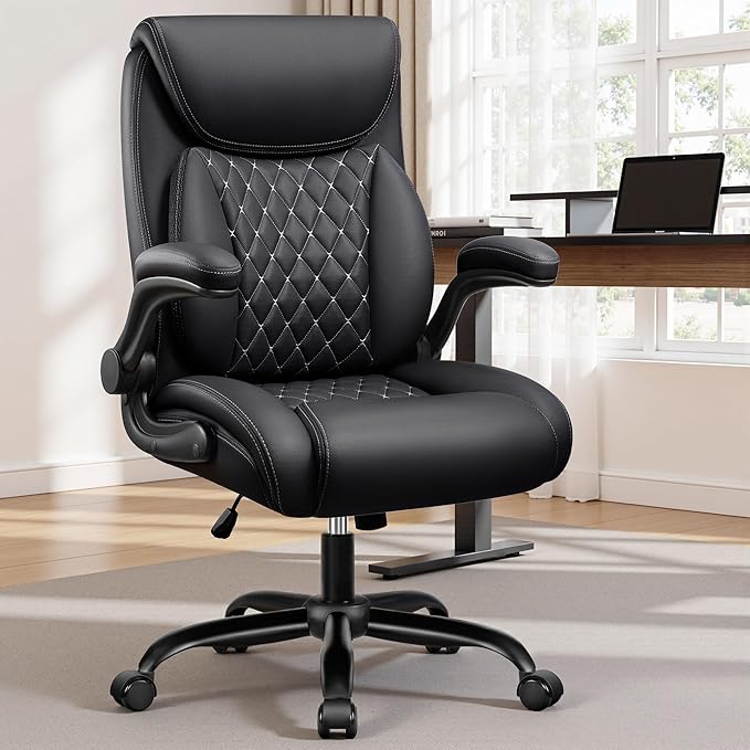 BESTFAIR Office Chair, Ergonomic Computer Desk Chairs with Lumbar Support for Lower Back Pain Relief, Executive Leather Home Chair Comfy with Padded Flip-up Armrests, Black, 6-Pack