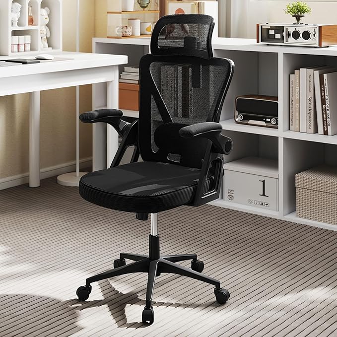 Giantex Ergonomic Mesh Office Chair, Computer Chiar with 2D Headrest, Flip-up Padded Arms & Rocking Function, High Back Desk Chairs for Home, Black