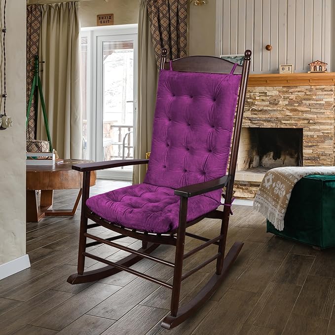 ELFJOY Rocking Chair Cushion Large Rocking Chair Pads with Ties Premium Tufted High Back and Seat Cushion 2 Piece Set Purple