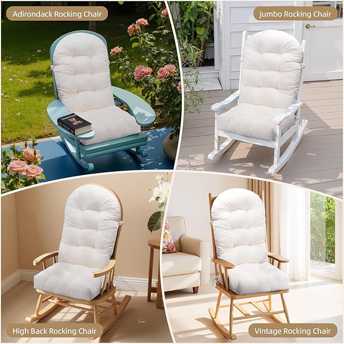 Rocking Chair Cushion - Corduroy Fabric, High-Density Sponge, Durable Comfort Non-Slip Bottom Tufted Seat Pads with Ties, Corduroy︱White, 44x19x4 inch