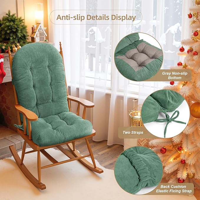 Rocking Chair Cushion - Corduroy Fabric, High-Density Sponge, Durable Comfort Non-Slip Bottom Tufted Seat Pads with Ties, Corduroy︱Sage Green, 44x19x4 inch