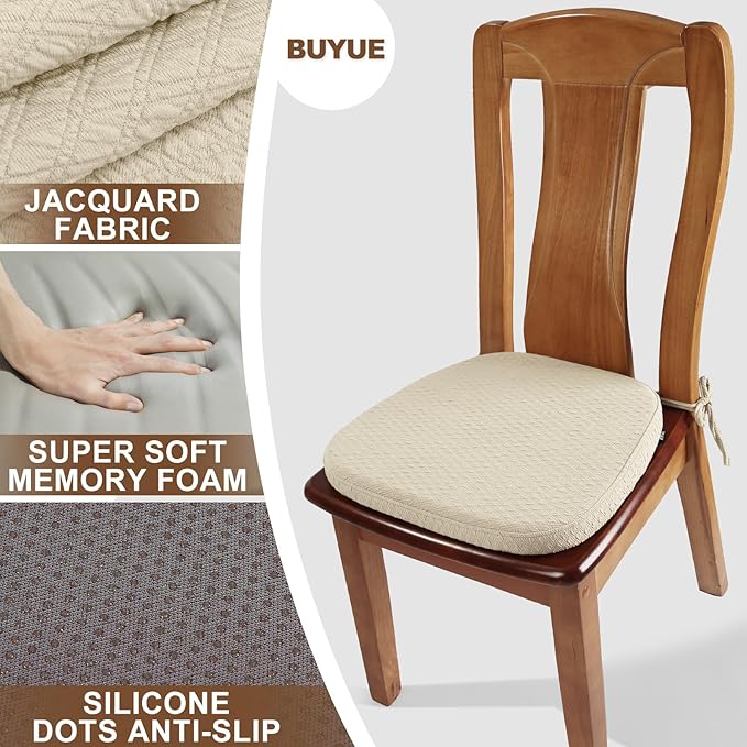 BUYUE Luxury Memory Foam Chair Cushions 6 Pack, Jacquard 16" U-Shape Comfortable Dining Chair Pads, Removable Slip Resistant Kitchen Chair Seat Cushions (Set of 6, Beige)