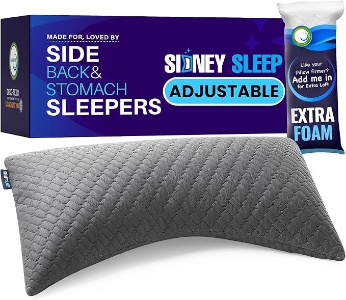 Sidney Sleep Adjustable Curved Pillows for Neck and Shoulder Support with Extra Shredded Fill - Cervical Contour Pillow for Side and Back Sleeper - King Size - 19" x 36" CertiPUR-US Certified (Grey)