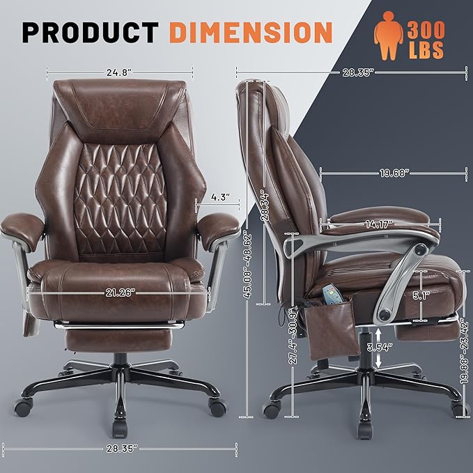 Massage Office Chair with Heat & Foot Rest, 6 Points Vibration, Ergonomic Executive Reclining Desk Chair, PU Leather Padded Seat for Home Office Comfort