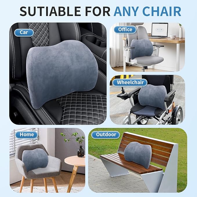 Lumbar Support Pillow for Car, Office Chair, and Gaming, Memory Foam Back Support Cushion for Lower Back Pain Relief, Ergonomic Design with Breathable Crystal Velvet Cover, Grey