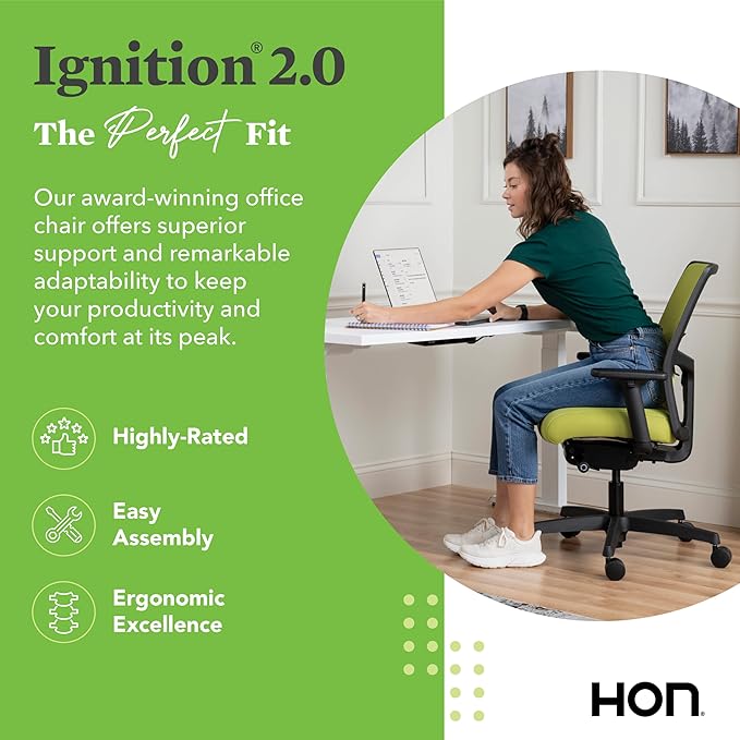 HON Ignition 2.0 Low Back Task Chair, Spectrum Mesh, Advanced Synchro-Tilt Control, Office Chair with Lumbar Support, Height and Width Adjustable Arms, Black Frame, Pear