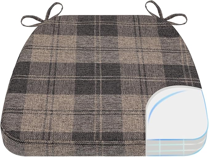 AAAAAcessories D-Shaped Chair Cushions, 2" Thick Dining Chair Pads with Ties and Removable, Machine-Washable Cover, 17" x 16", Brown Checkered