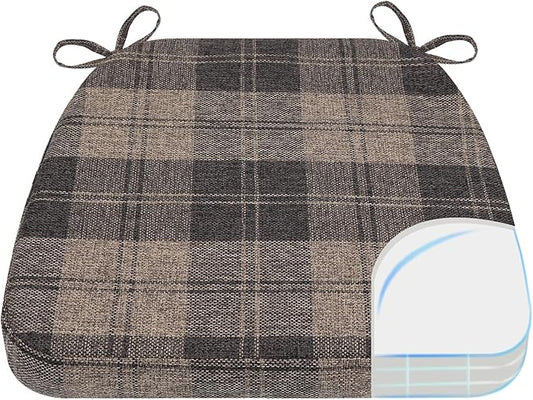 AAAAAcessories D-Shaped Chair Cushions, 2" Thick Dining Chair Pads with Ties and Removable, Machine-Washable Cover, 17" x 16", Brown Checkered