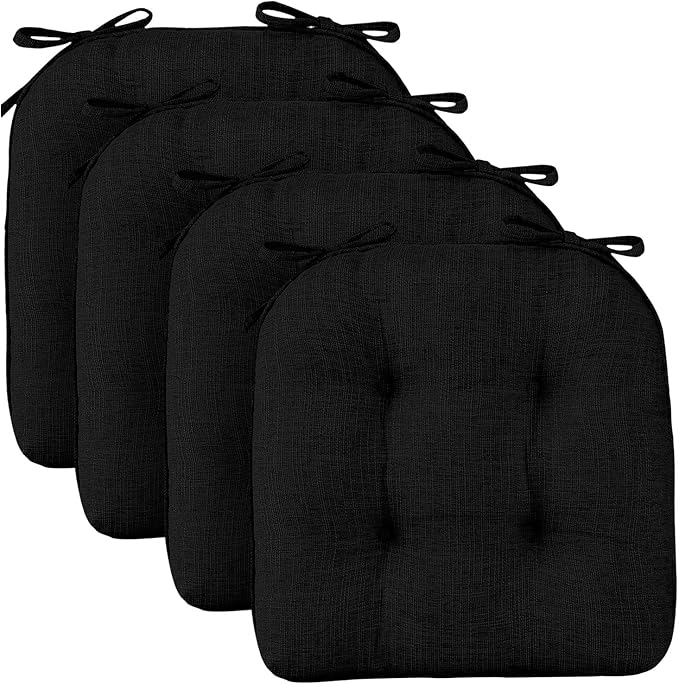 Wellsin Chair Cushions for Dining Chairs, Non-Slip Kitchen Chair Pads with Ties, Tufted Shredded Foam Kitchen Chair Cushions Set of 4, 15.5" X 15.5", Black