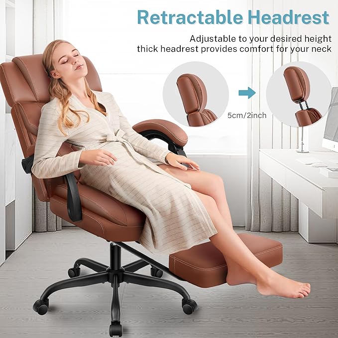 Executive Leather Office Chair, Big and Tall Office Chair with Footrest Home Office Desk Chairs, Ergonomic Computer Desk Chair with Lumbar Support, Reclining Desk Chair with Adjustable Angle