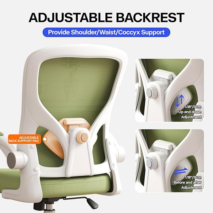 Office Chair, Ergonomic Desk Chair with Adjustable Lumbar Support Flip-up Arms,Comfortable Swivel Mesh Back Computer Chair Executive Task Chair for Home Office Use (Green)