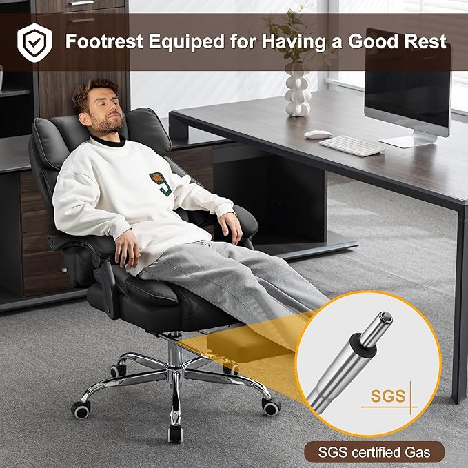 Kneading Massage Office Chair with Heated,90-135° Reclining Executive Office Chair with Footrest,Computer Desk Chair with Wheels,Diamond-Stitched Cushion Leather Office Chair (Black)