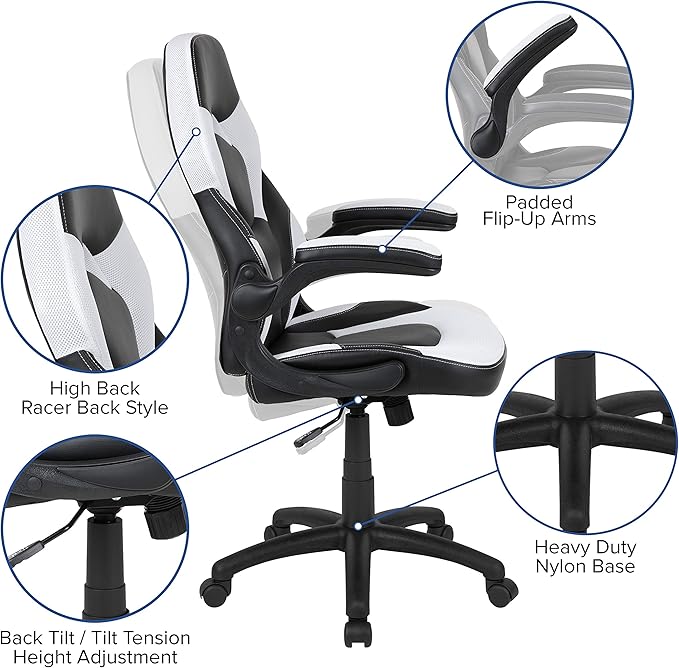 Flash Furniture X10 High-Back LeatherSoft Racing Style Gaming Chair with Flip-Up Arms, Ergonomic Padded Swivel Computer Chair, White/Black