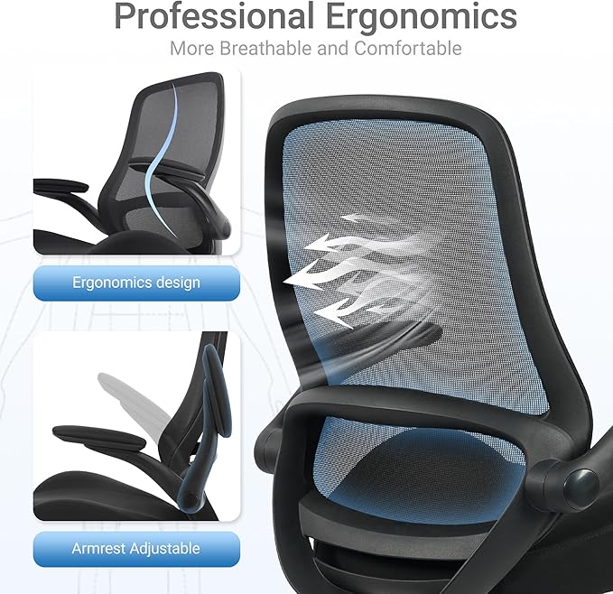 HYLONE Drafting Chair Tall Office Chair with Flip-Up and Adjustable Armrests Ergonomic Computer Chair with Adjustable Footrest Ring Mesh Standing Desk Chair (Black)