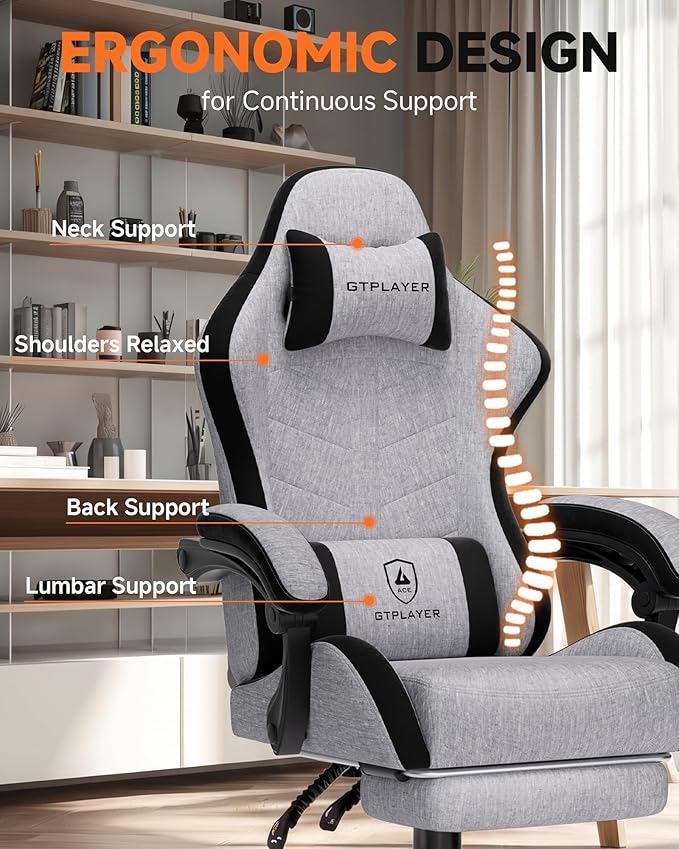 GTPLAYER Gaming Chair with Footrest, Computer Gaming Chair for Adults and Kids, Height Adjustable Gamer Chair with 90-155° Recline & Removable Headrest Lumbar Support,Linen Fabric Gray-Black