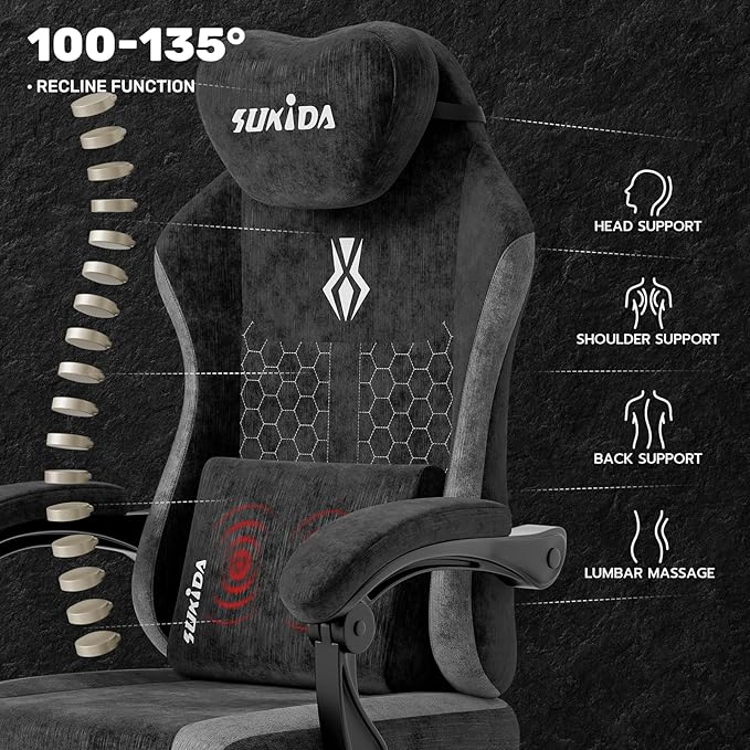 SUKIDA Fabric Video Gaming Chair, Ergonomic High-Back Computer Game Chairs with Large Massage Adjustable Lumbar Support, Headrest and Linked Armrests for Long Hours Sitting Task Chair, Black