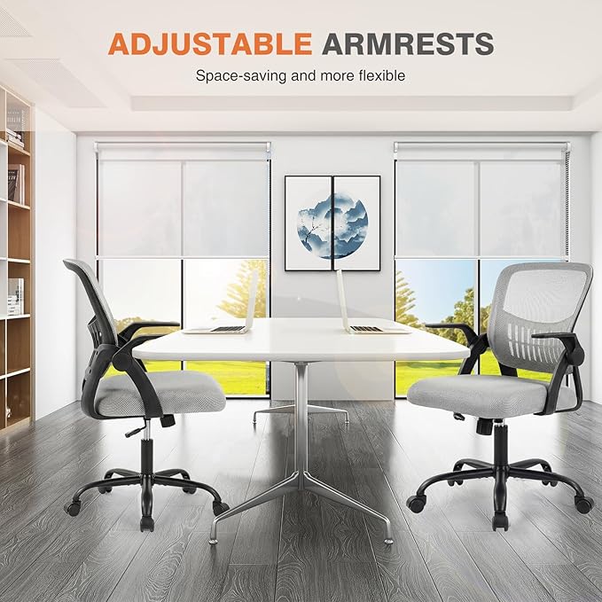 Sweetcrispy Home Office Managerial Executive Chair, Ergonomic Mesh Adjustable Swivel Mid-Back Computer Desk Chair with Comfortable Lumbar Support, Comfy Arms for Bedroom,Study,Blak&Grey
