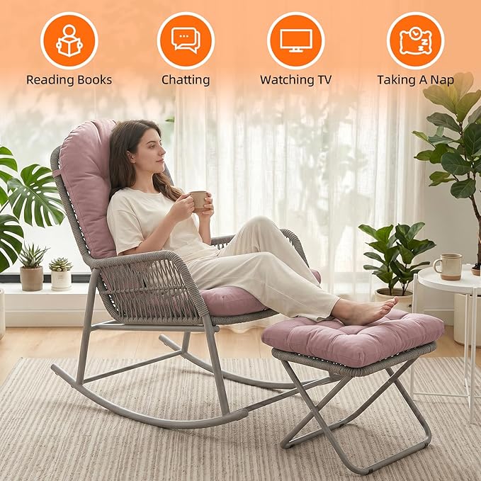 Rocking Chair Cushion Set - Soft Chenille 2-Piece Seat & Ottoman Pad, Tufted Non-Slip Design, High-Density Foam Nursery Glider Cushions, All-Season Indoor/Outdoor Rocker Comfort, Pink