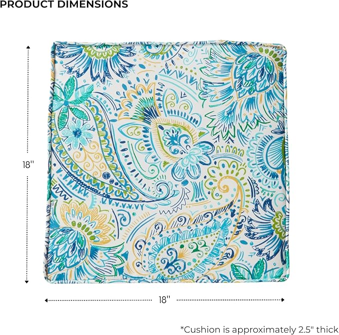 Outdoor 18 inch Square Patio Dining Chair Pads – Comfortable Fiber-Filled Seat Cushions with Ties, Reversible Polyester Fabric - Baltic Paisley, Set of 2