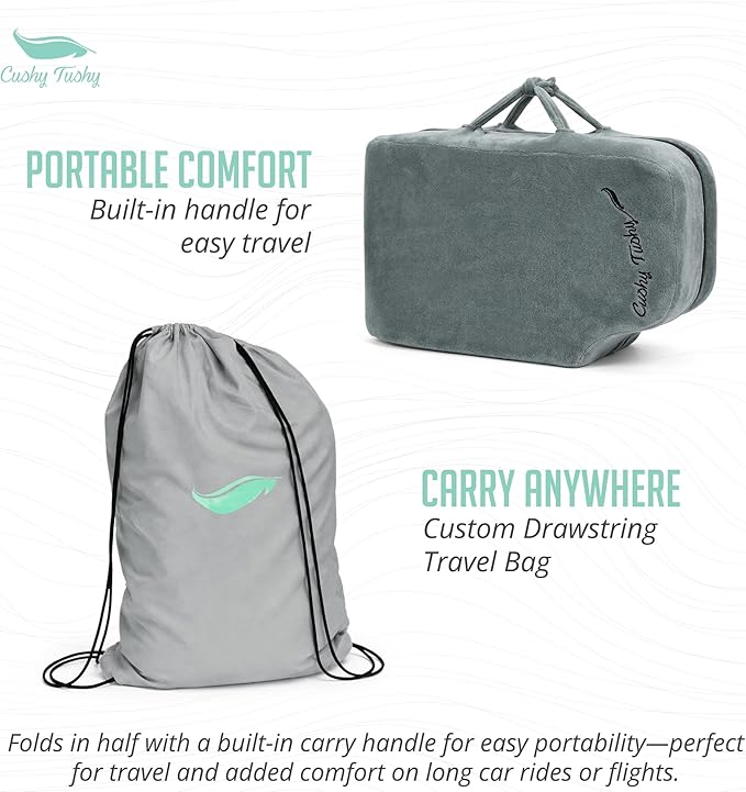 Cushy Tushy Premium Foldable Wheelchair Cushion - for Relief of Lower Back, Sciatic, Butt and Tailbone Pain - for Home & Office Use, Perfect for Travel or Driving - Gray Coccyx Seat Cushion