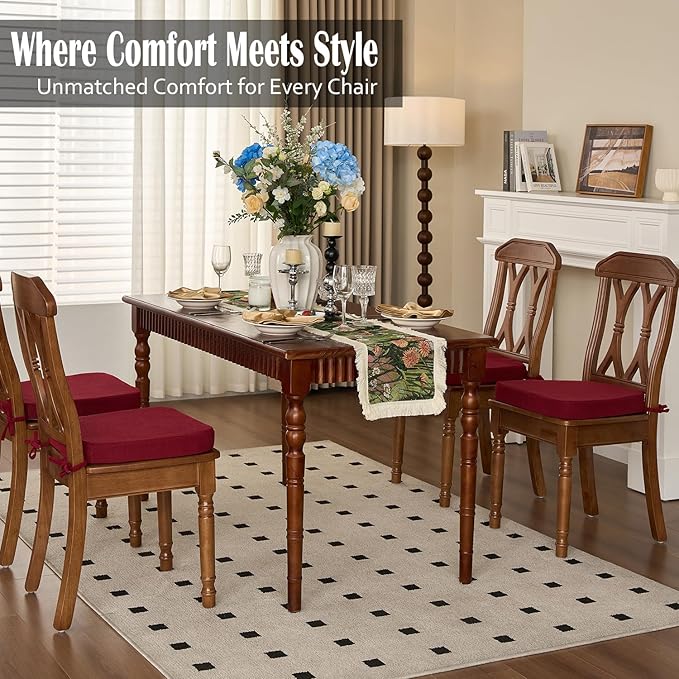 2'' Thick High-Density Foam Indoor Chair Cushions | Dining Chair Pads with Ties, Removable Washable Cover, Kitchen Chair Cushions 17"x16", Wine Red 2 Pack