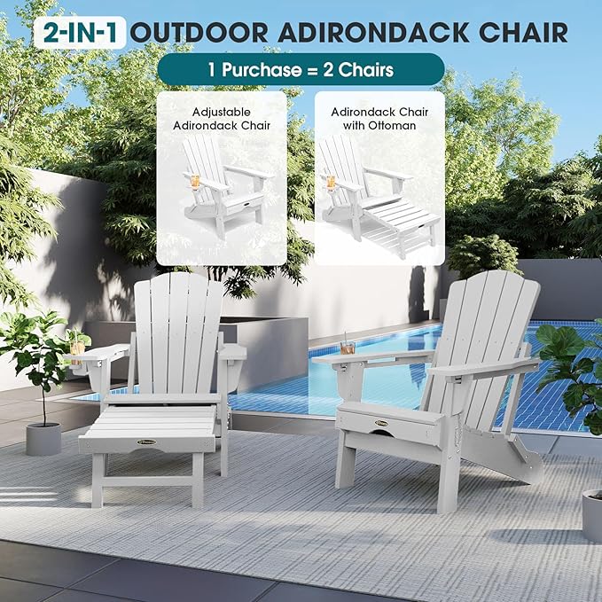 THOEOE Adjustable Adirondack Chair with Retractable Ottoman, HDEP Folding Adirondack Chairs with Footrest 2-in-1 Cup Holder, All Weather Outoor Fire Pit Chair with Foot Rest Set 8 White