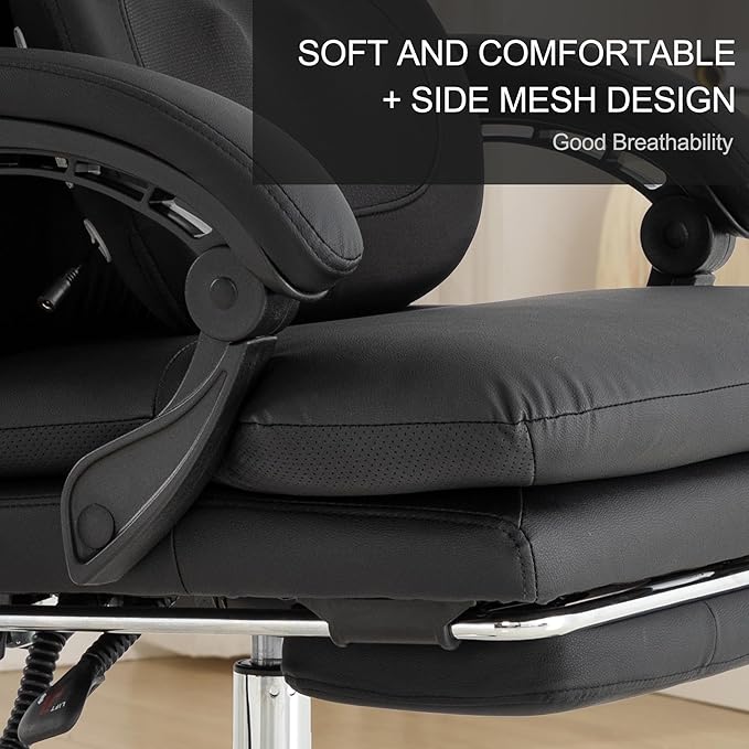 Kneading Massage Executive Office Chair with Heated,90-135° Reclining Chair with Footrest, Ergonomic Desk Chairs (Black with External Massager)