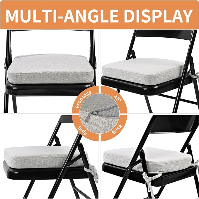 SINOSSO Memory Foam Chair Cushions for Folding Chairs 6 Pack, Thickened 2" Square Pads with Ties for Kitchen Chairs, Indoor Non-Slip Dining Chair Seat Cushions (Set of 6, Beige-Gray)
