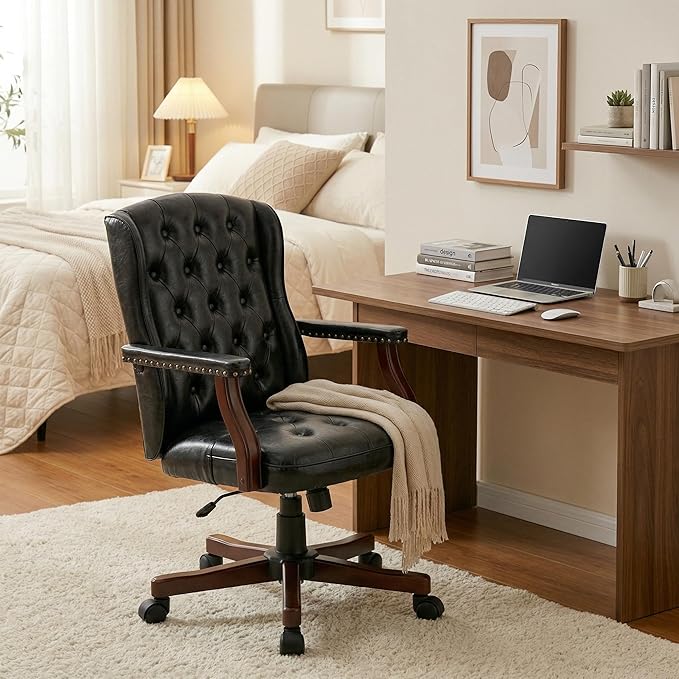 Executive Office Chair, Ergonomic Faux Leather Desk Chair with Wingback Design, Swivel Adjustable Home Office Chair for Computer Desk, Comfortable Task Chair for Home Office, Black