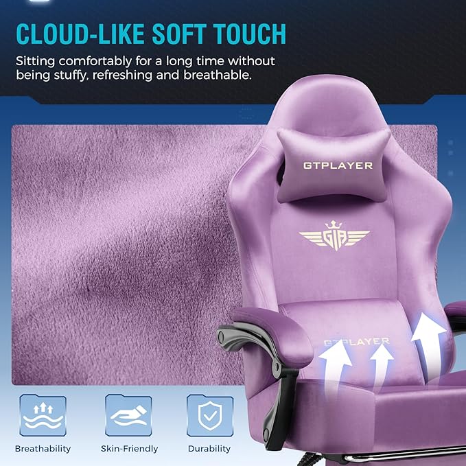 GTPLAYER Gaming Chair Fabric with Pocket Spring Cushion, High Back Ergonomic Computer Chair with Footrest for Adults Lumbar Support Swivel Game Chair for Office Gaming 350LBS, Light Purple