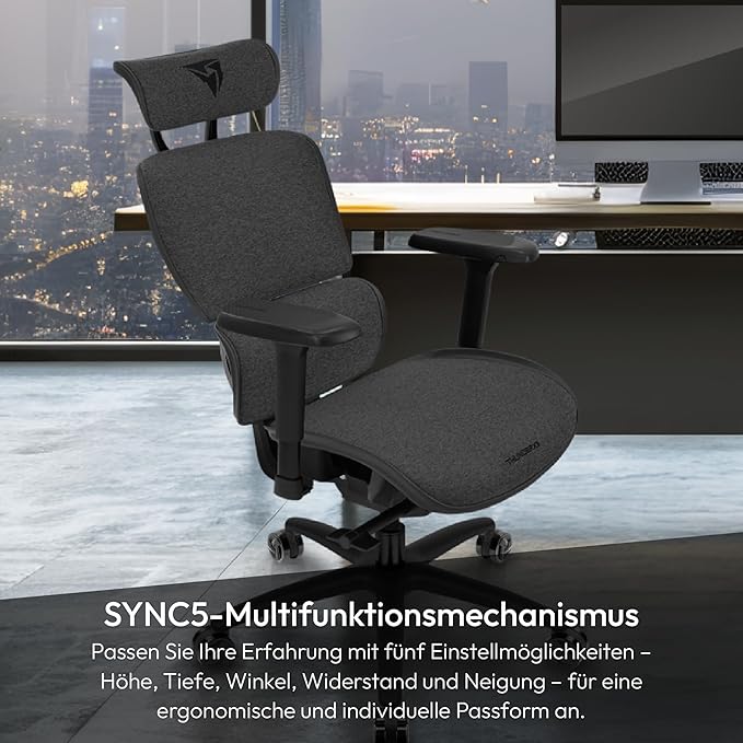 ThunderX3 XTC Ergonomic Office Chair, for Adults Gaming Chair, High Back Desk Chair, Synchronous Tilt, Self-Adjusting Lumbar Support and Backrest, Adjustable Headrest, Fabric, Loft Dark Grey