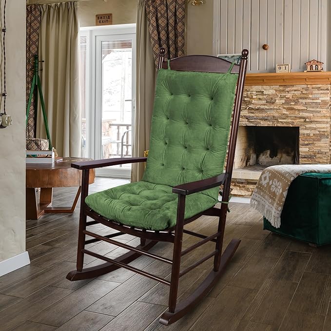 ELFJOY Rocking Chair Cushion Large Rocking Chair Pads with Ties Premium Tufted High Back and Seat Cushion 2 Piece Set Green