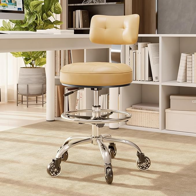 Office Drafting Chair with Footrest, Tall Height Adjustable Stool with Back Support, Heavy Duty Rolling Stool Chair with Wheels for Office Home Kitchen Bar Shop Guitar Studio Vanity, White